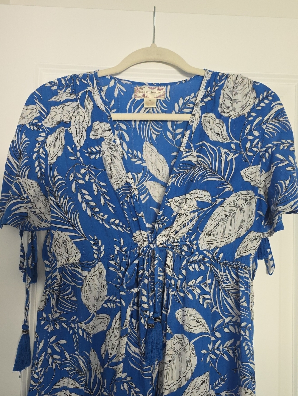 BOG Collective Blue Botanical V-Neck Tie-Waist Tunic/Dress